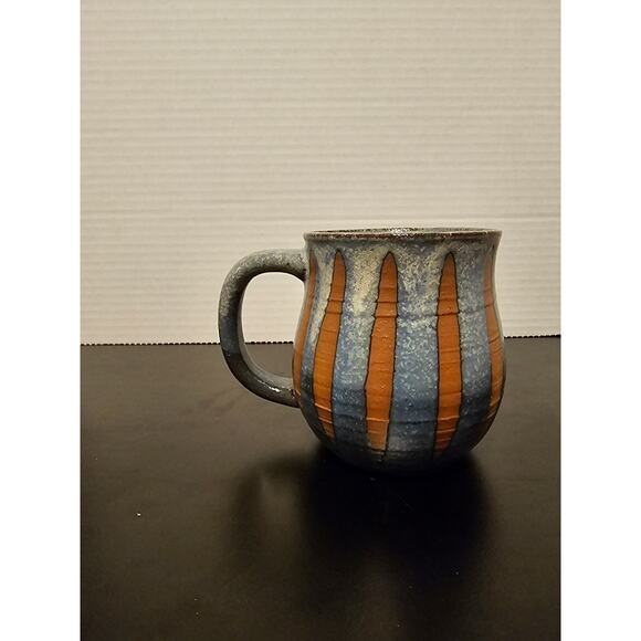 Speckled Light Blue Glazed Art Pottery Mug w Terracotta Stripes Applied Handle - Picture 1 of 9
